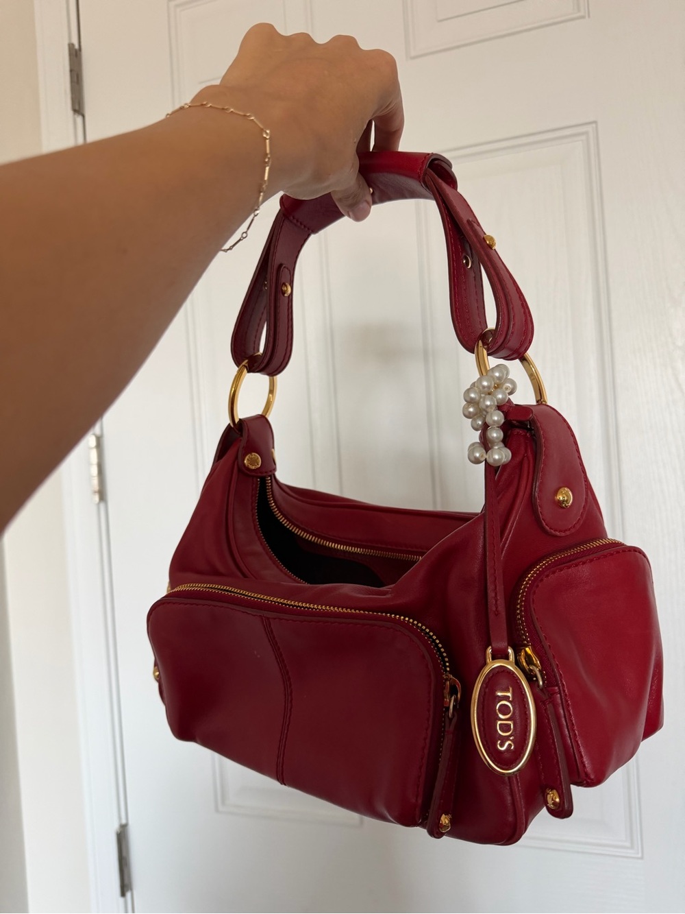 TOD'S Red Utility Leather Shoulder Bag with Gold Accents
